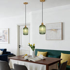 2 Pack Pendant Lights with Vintage Green Ribbed Glass Lampshade, Adjustable Brushed Gold Pendant Lights Fixtures