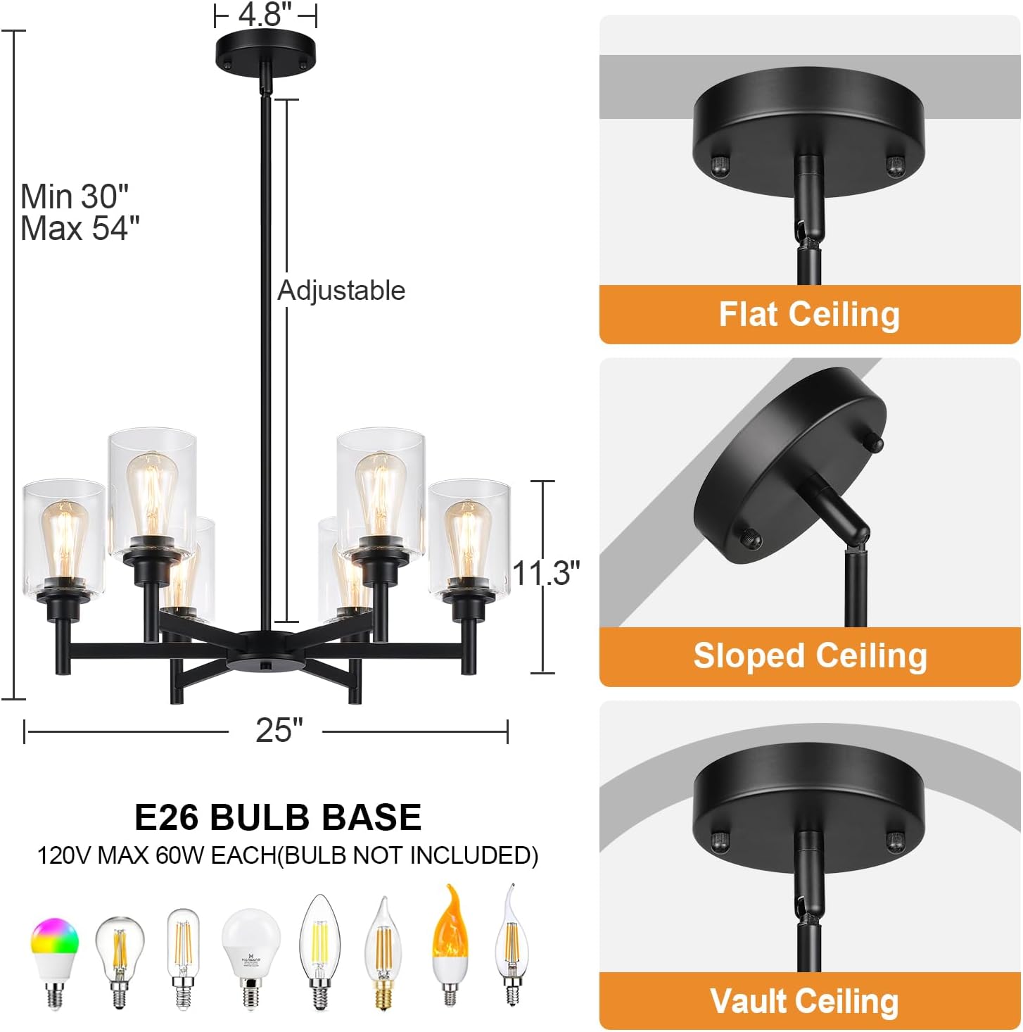 Black Chandeliers, 6 Light Dining Room Light Fixtures Over Table, Farmhouse Chandeliers for Dining Room with Clear Glass Shade