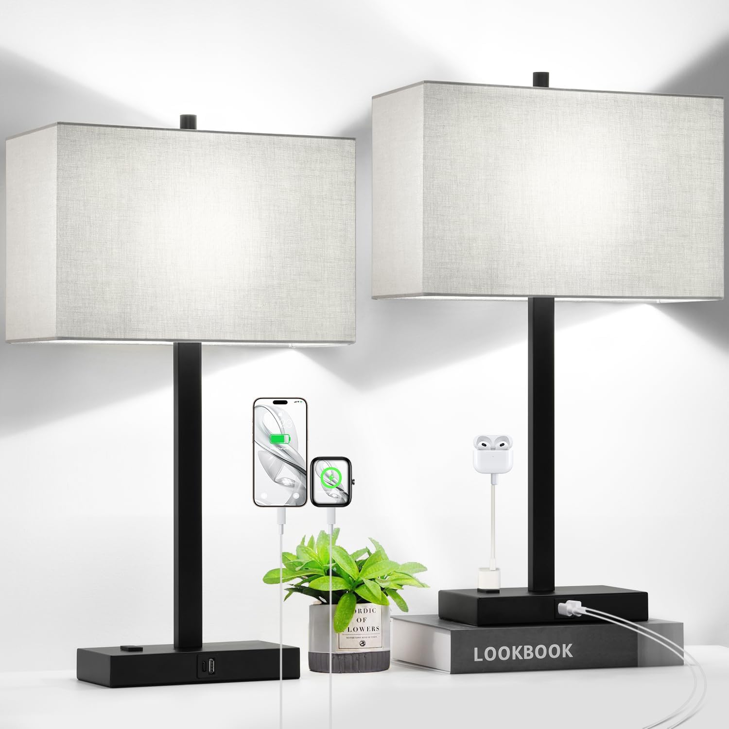 21" Touch Bedside lamps with 2 USB & AC Outlets, 3-Way Dimmable Bedside Table Lamps Set of 2