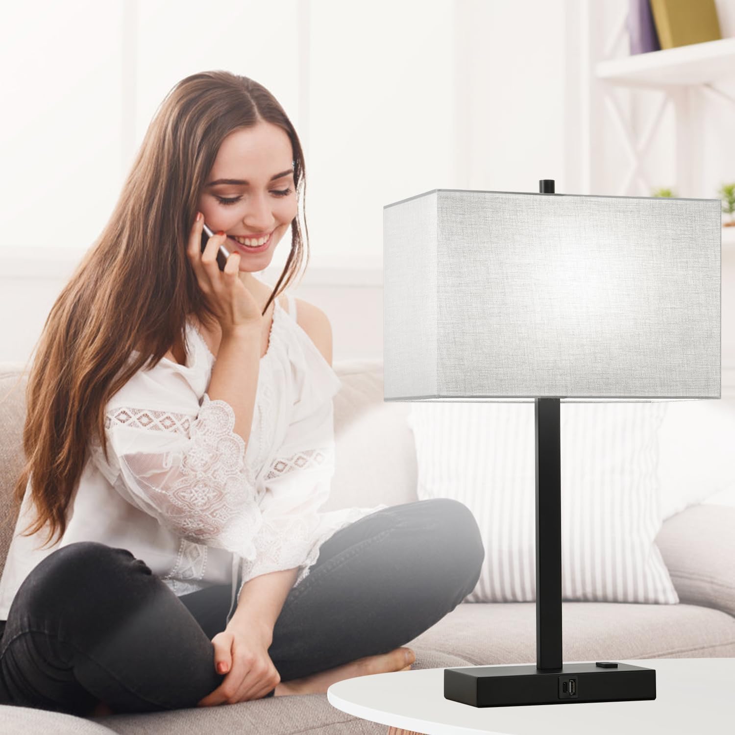 21" Touch Bedside lamps with 2 USB & AC Outlets, 3-Way Dimmable Bedside Table Lamps Set of 2