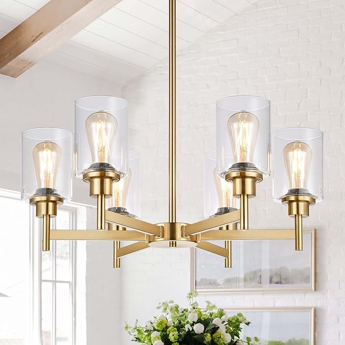 Black Chandeliers, 6 Light Dining Room Light Fixtures Over Table, Farmhouse Chandeliers for Dining Room with Clear Glass Shade