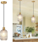 2 Pack Pendant Lights with Vintage Green Ribbed Glass Lampshade, Adjustable Brushed Gold Pendant Lights Fixtures