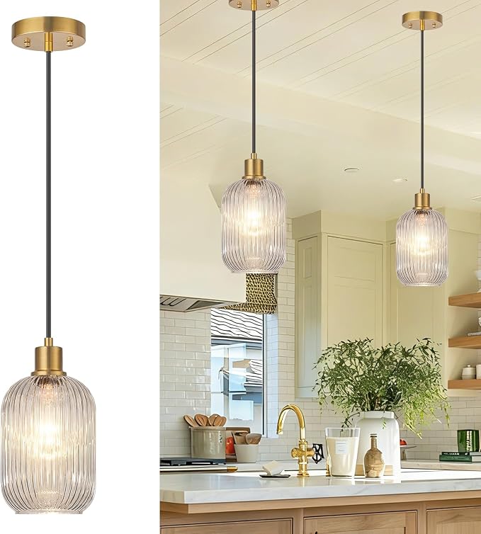 2 Pack Pendant Lights with Vintage Green Ribbed Glass Lampshade, Adjustable Brushed Gold Pendant Lights Fixtures