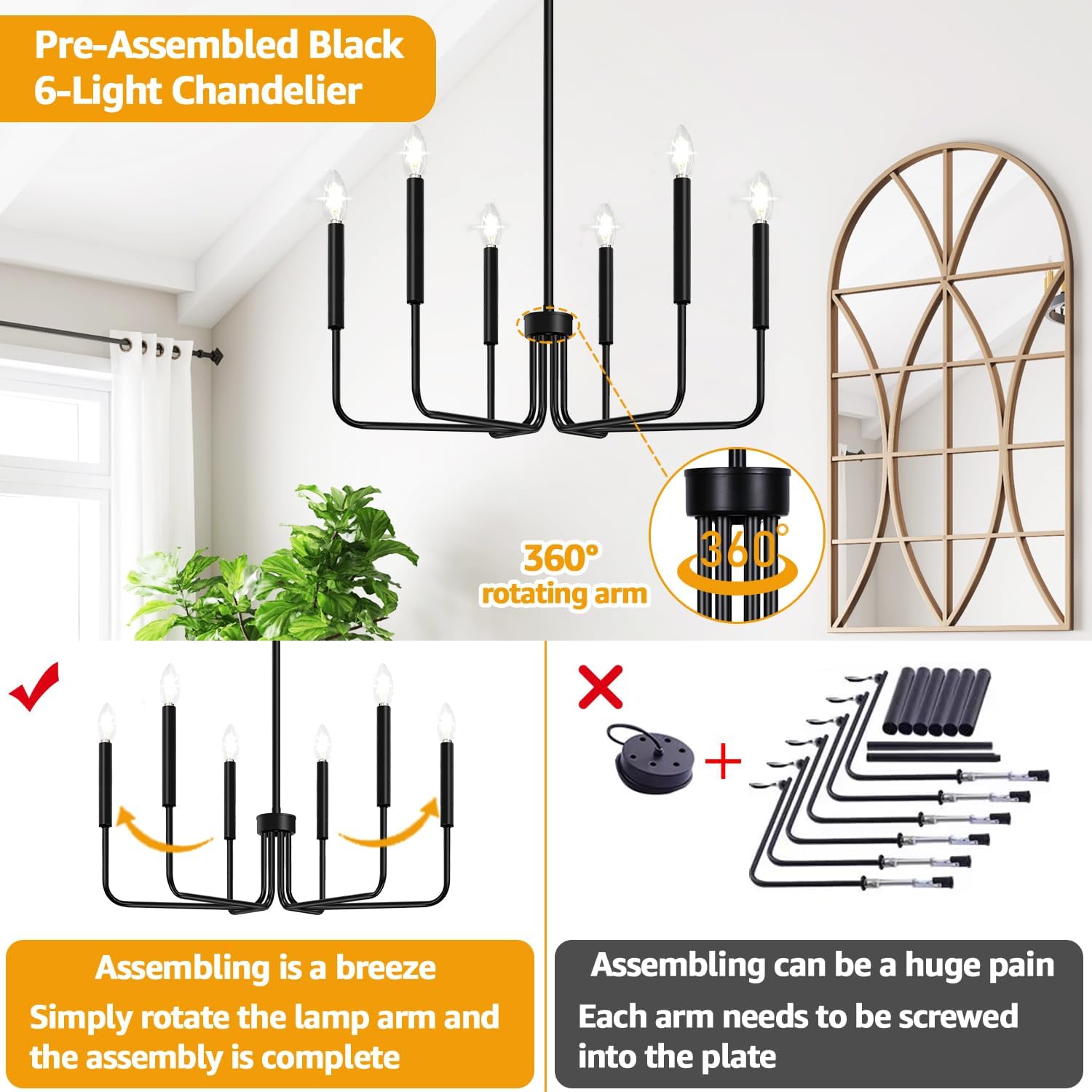 Farmhouse Chandelier for Dining Room Lighting Fixtures Hanging, Industrial Modern Chandelier for Bedroom, Foyer, Hall, Kitchen, Living Room, Entryway