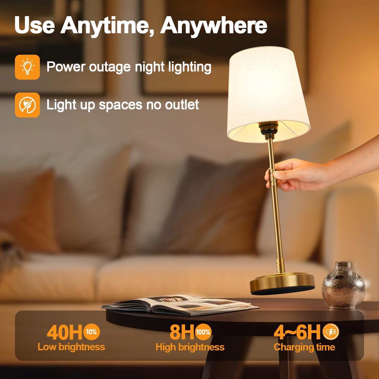 Cordless Table Lamps Set of 2 – Battery Operated Lamp with 7500mAh Rechargeable Battery, Stepless Dimmable Vintage Brushed Gold Desk Wireless Lamps