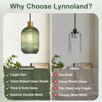 2 Pack Pendant Lights with Vintage Green Ribbed Glass Lampshade, Adjustable Brushed Gold Pendant Lights Fixtures