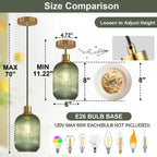 2 Pack Pendant Lights with Vintage Green Ribbed Glass Lampshade, Adjustable Brushed Gold Pendant Lights Fixtures