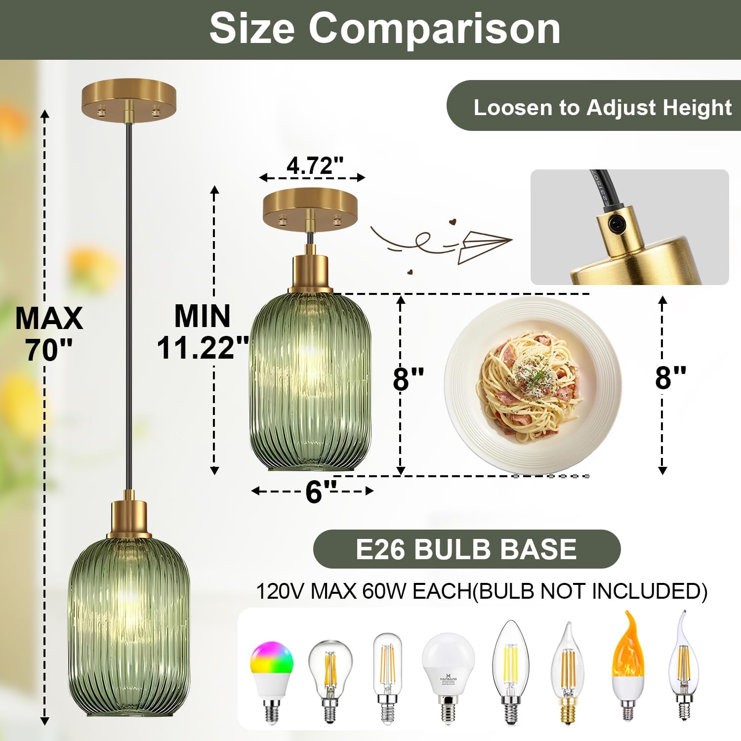 2 Pack Pendant Lights with Vintage Green Ribbed Glass Lampshade, Adjustable Brushed Gold Pendant Lights Fixtures