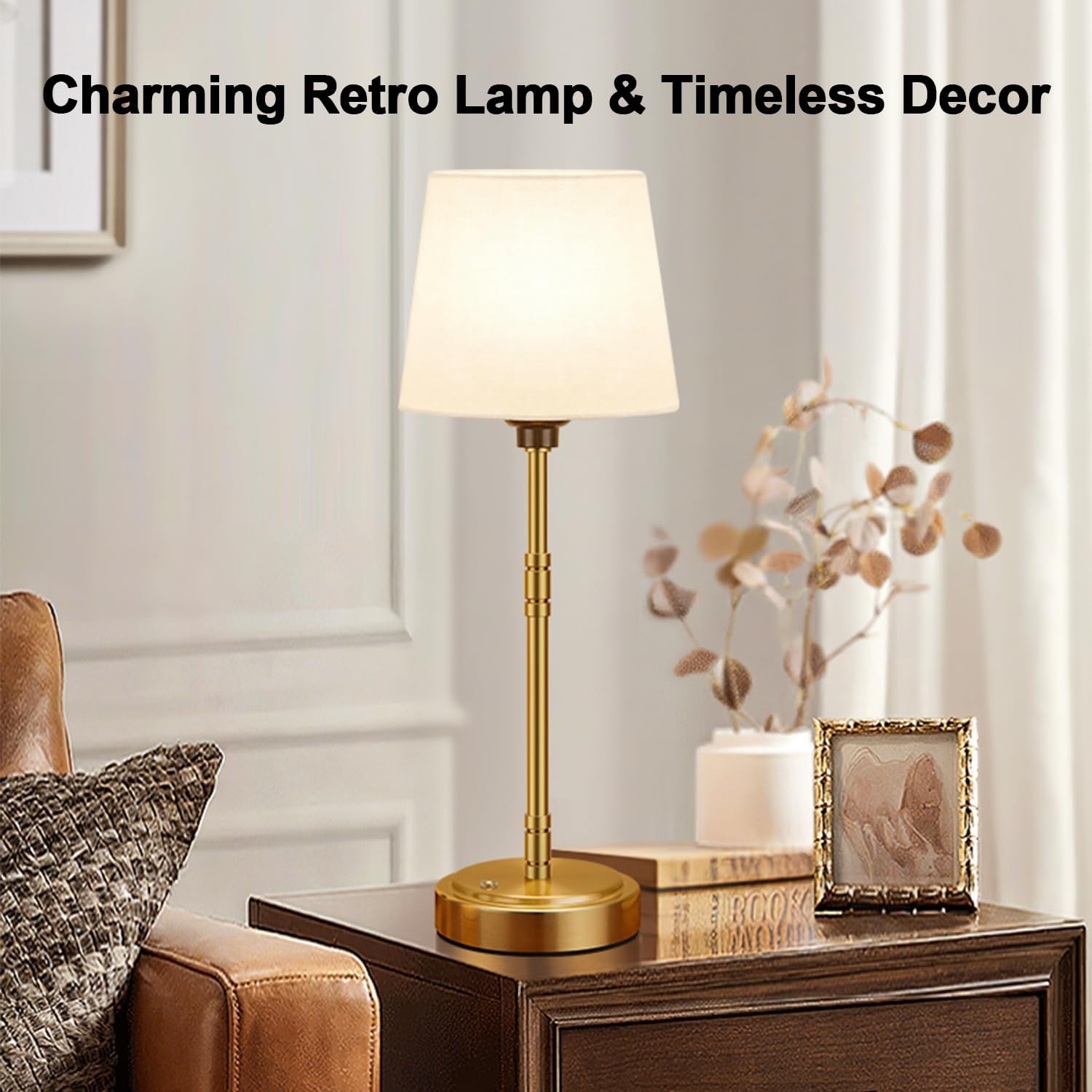 Cordless Table Lamps Set of 2 – Battery Operated Lamp with 7500mAh Rechargeable Battery, Stepless Dimmable Vintage Brushed Gold Desk Wireless Lamps