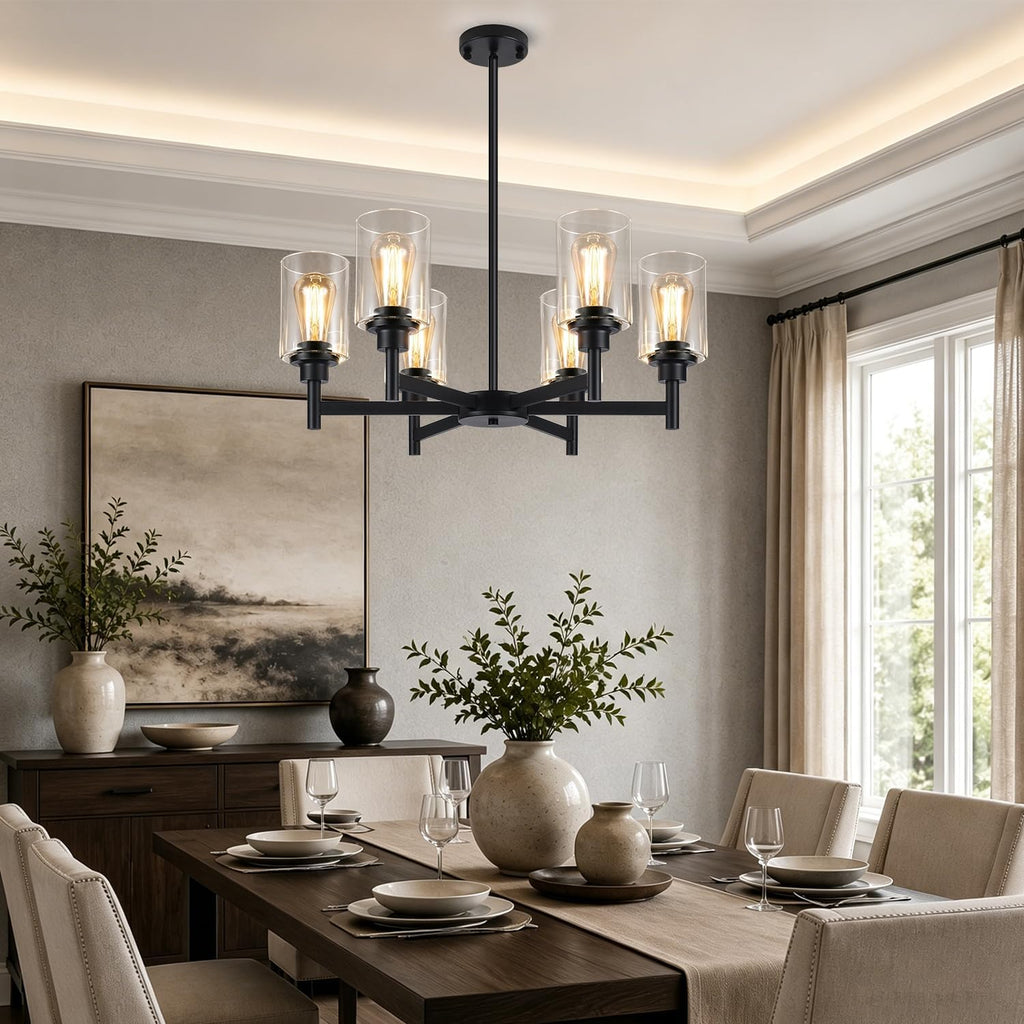 Black Chandeliers, 6 Light Dining Room Light Fixtures Over Table, Farmhouse Chandeliers for Dining Room with Clear Glass Shade