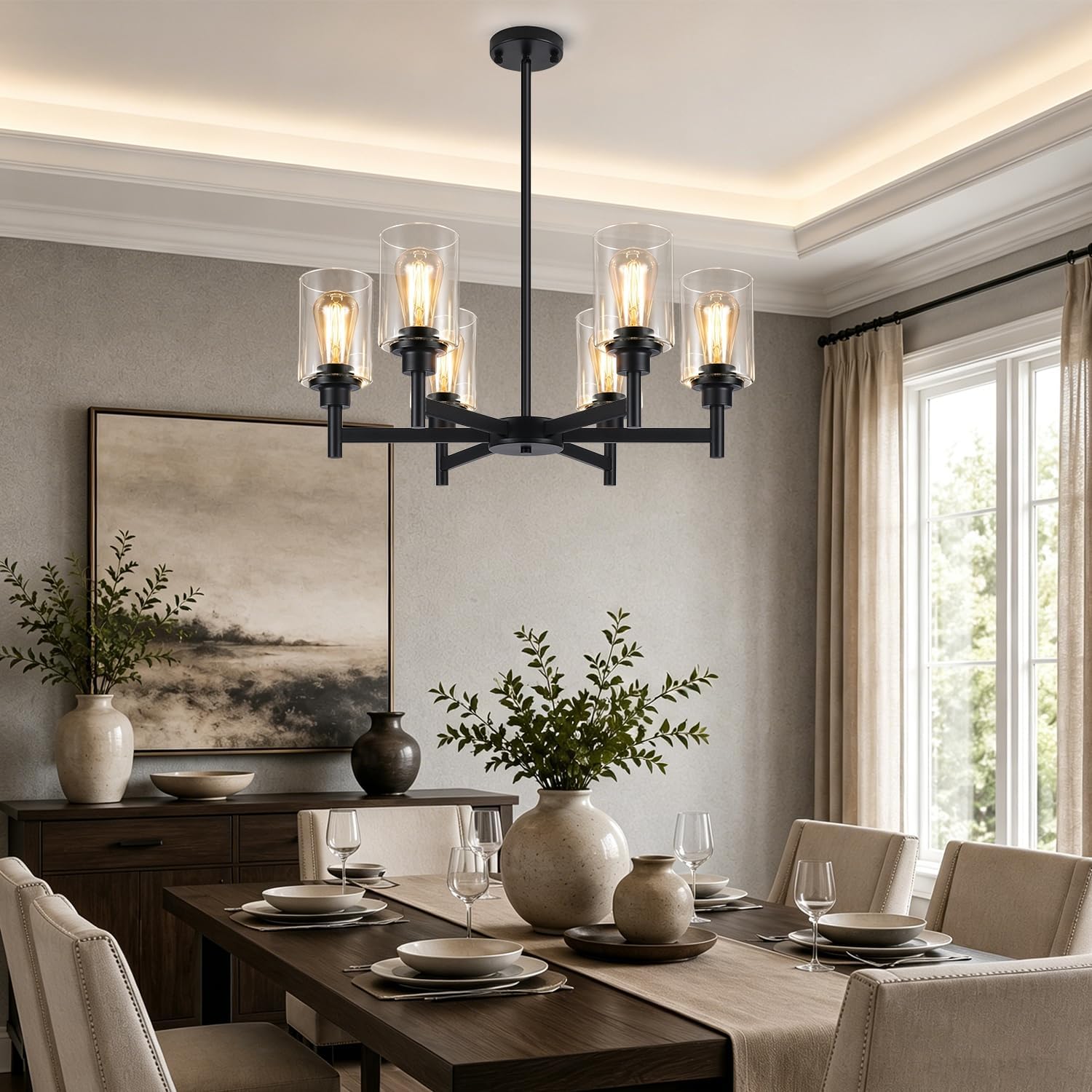Black Chandeliers, 6 Light Dining Room Light Fixtures Over Table, Farmhouse Chandeliers for Dining Room with Clear Glass Shade