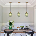 2 Pack Pendant Lights with Vintage Green Ribbed Glass Lampshade, Adjustable Brushed Gold Pendant Lights Fixtures