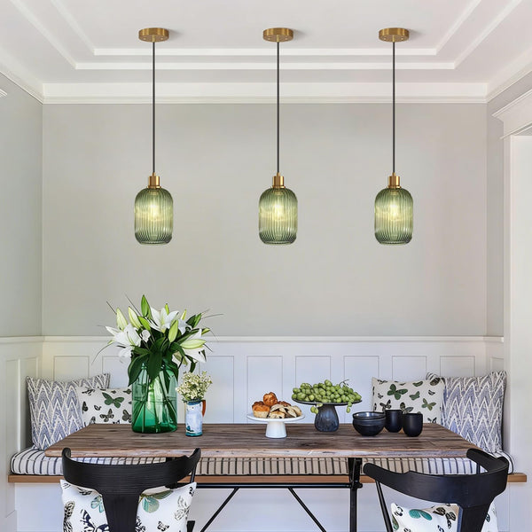 2 Pack Pendant Lights with Vintage Green Ribbed Glass Lampshade, Adjustable Brushed Gold Pendant Lights Fixtures