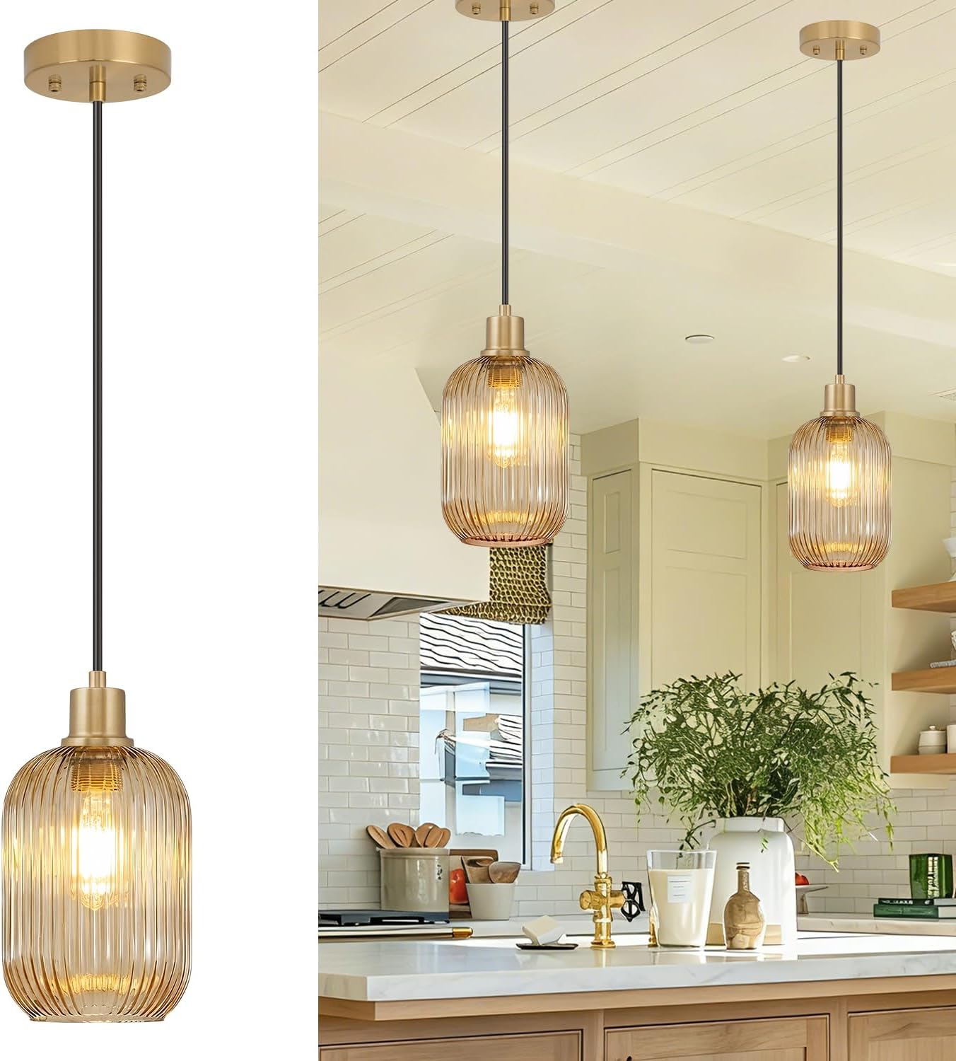 2 Pack Pendant Lights with Vintage Green Ribbed Glass Lampshade, Adjustable Brushed Gold Pendant Lights Fixtures