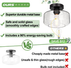 Industrial Semi Flush Mount Ceiling Light, 800 Lumen LED Bulb Included, Seeded Glass Shade Farmhouse Light Fixture for Hallway Corridor Kitchen Bathroom Bedroom Passway