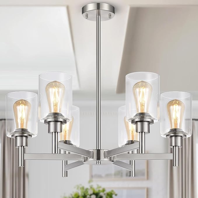 Black Chandeliers, 6 Light Dining Room Light Fixtures Over Table, Farmhouse Chandeliers for Dining Room with Clear Glass Shade