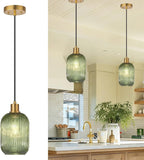 2 Pack Pendant Lights with Vintage Green Ribbed Glass Lampshade, Adjustable Brushed Gold Pendant Lights Fixtures