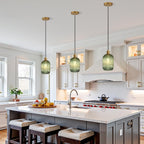 2 Pack Pendant Lights with Vintage Green Ribbed Glass Lampshade, Adjustable Brushed Gold Pendant Lights Fixtures