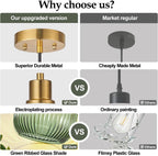2 Pack Pendant Lights with Vintage Green Ribbed Glass Lampshade, Adjustable Brushed Gold Pendant Lights Fixtures
