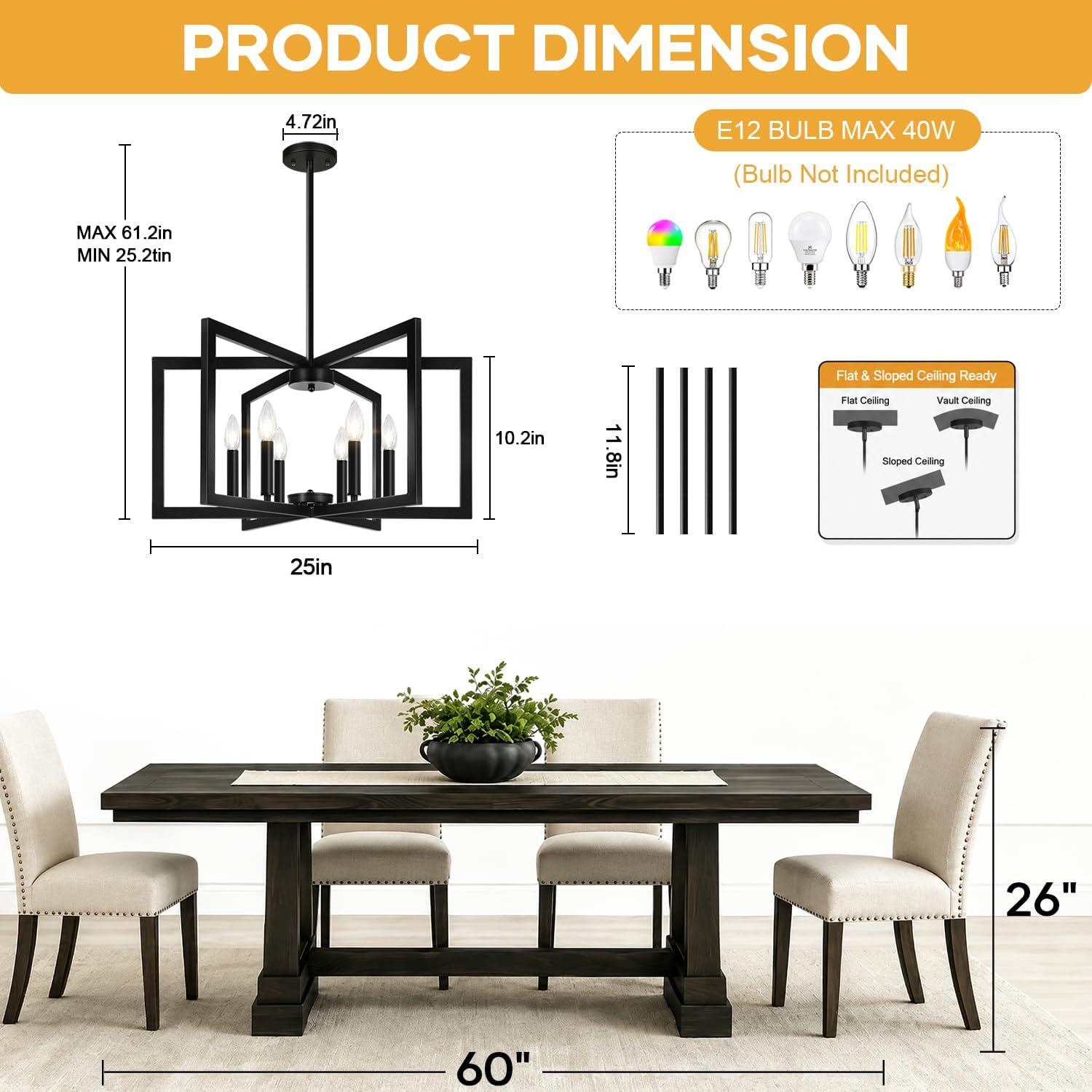 25"-61" Height Adjustable Modern Matte Black Chandelier for Dining Room, No Assembly Required Black Dining Room Light Fixture Over Table, Industrial Metal Pendant Lights Fixture for Kitchen Island