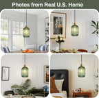 2 Pack Pendant Lights with Vintage Green Ribbed Glass Lampshade, Adjustable Brushed Gold Pendant Lights Fixtures