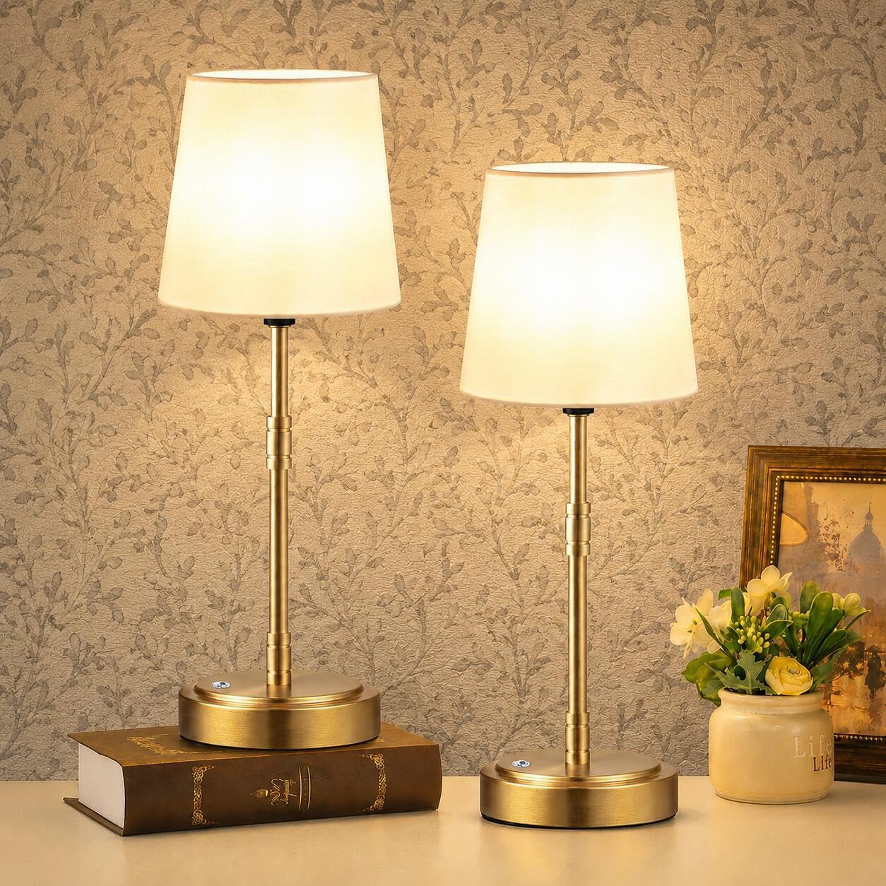 Cordless Table Lamps Set of 2 – Battery Operated Lamp with 7500mAh Rechargeable Battery, Stepless Dimmable Vintage Brushed Gold Desk Wireless Lamps