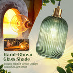 2 Pack Pendant Lights with Vintage Green Ribbed Glass Lampshade, Adjustable Brushed Gold Pendant Lights Fixtures